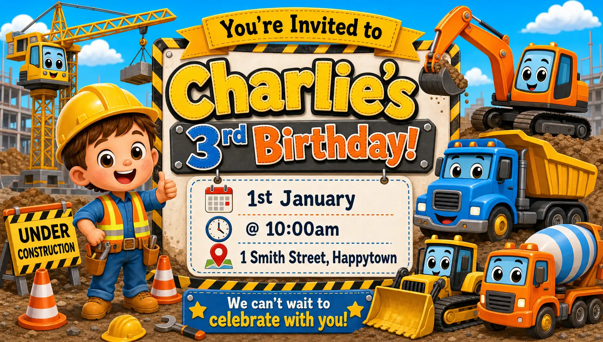 Construction theme invitation